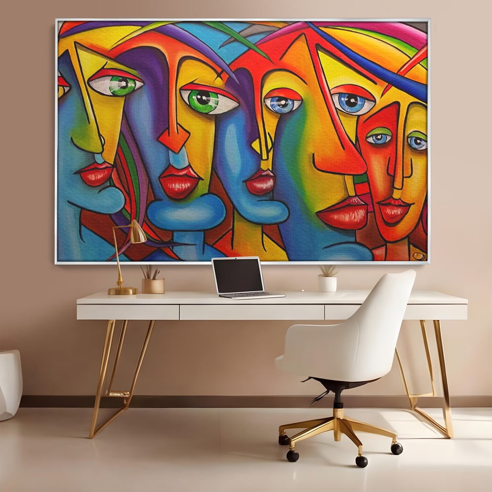 Tablou canvas cu tablou canvas cu fete abstracte colorate, in rama de aluminiu argintiu, pe perete intr-un birou